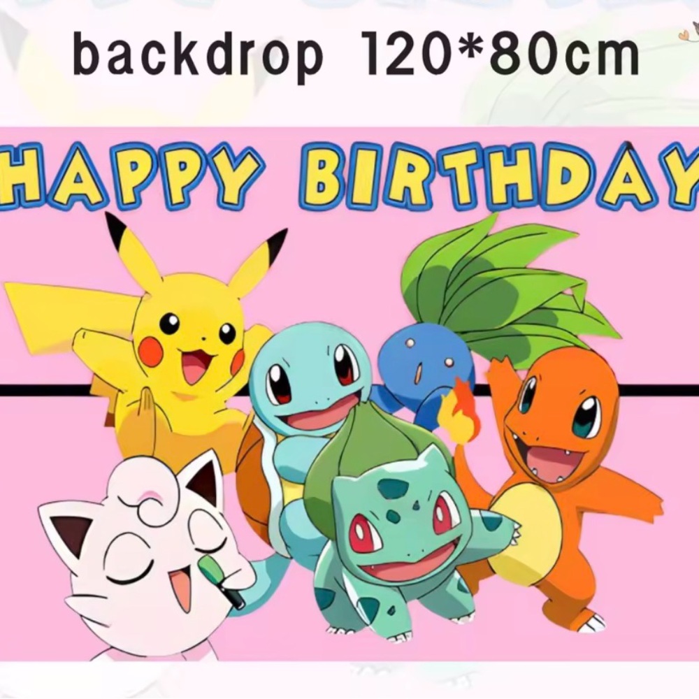 Pink Pokemon Happy Birthday Backdrop - Party Photo Banner New